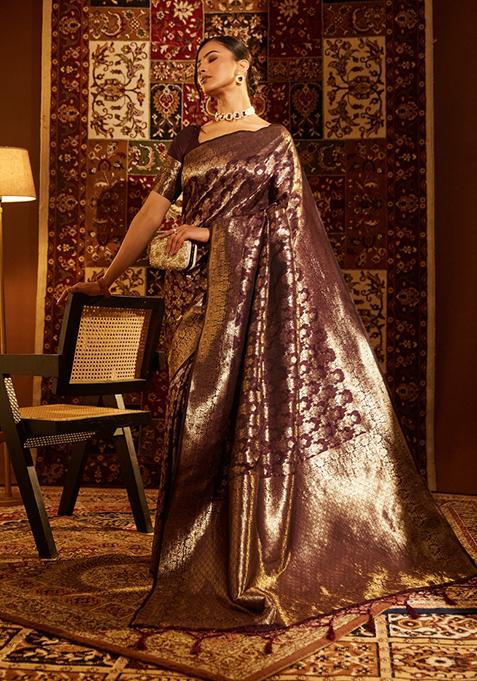 Wine Woven Silk Saree Set