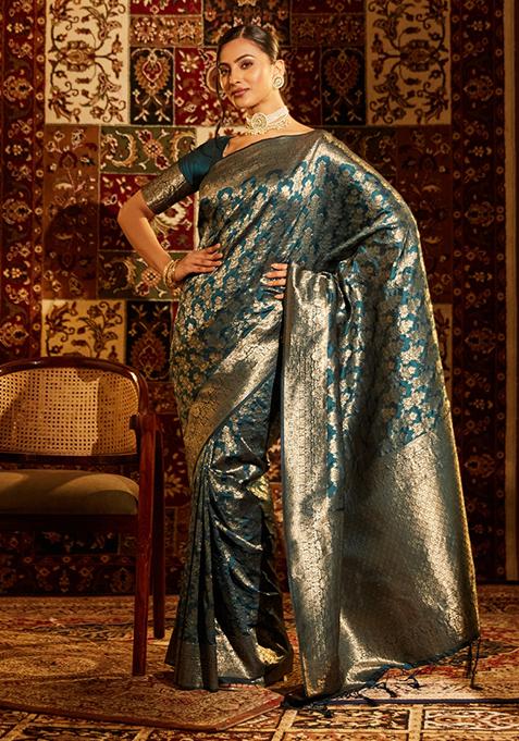 Teal Blue Woven Silk Saree Set