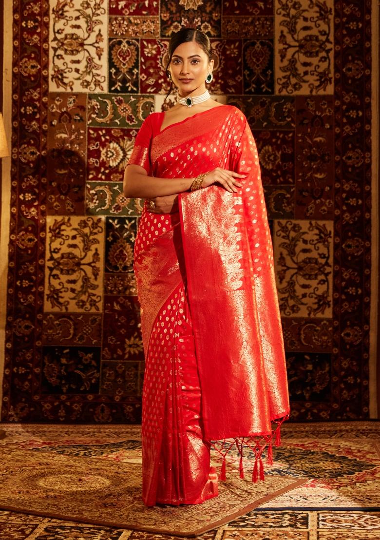 Red Woven Silk Saree Set