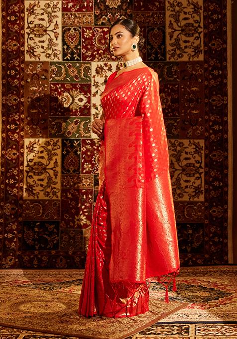 Red Woven Silk Saree Set