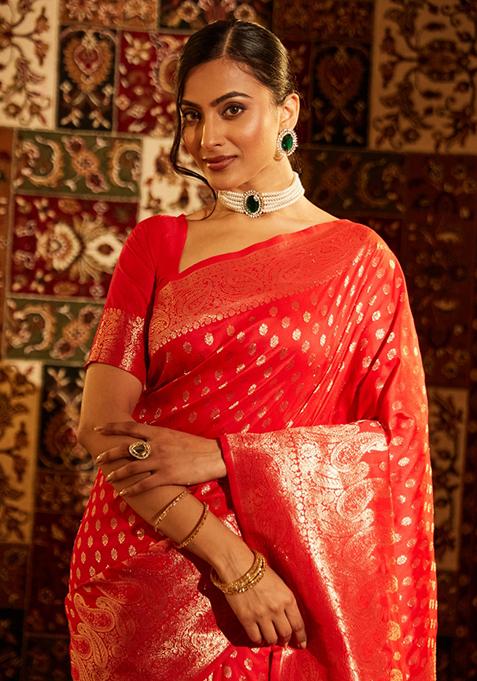 Red Woven Silk Saree Set