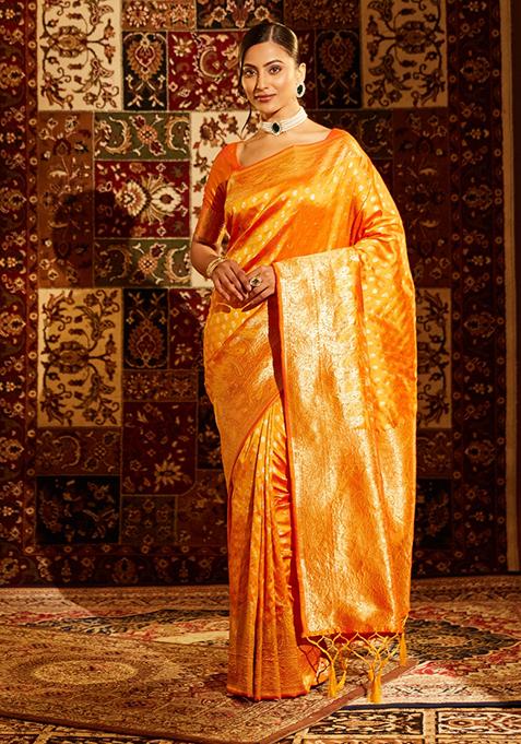 Mustard Yellow Woven Silk Saree Set