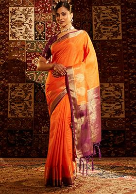 Orange Woven Silk Saree Set