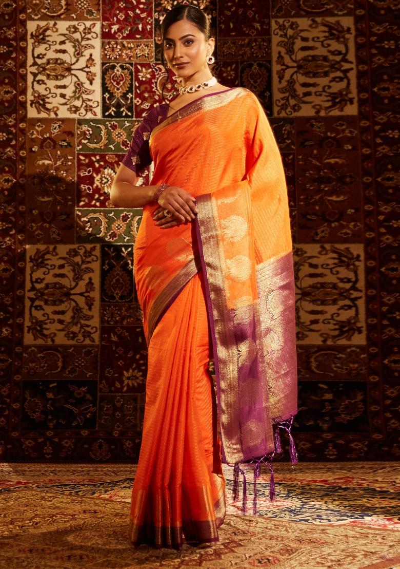 Orange Woven Silk Saree Set