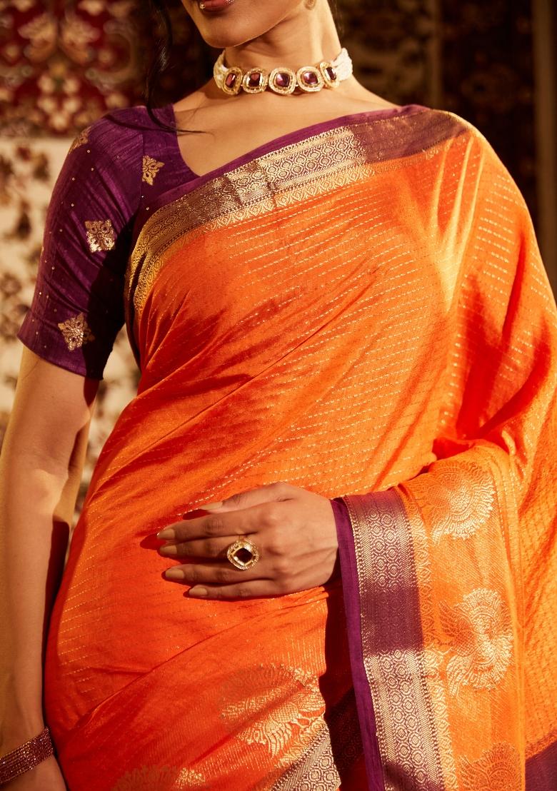 Orange Woven Silk Saree Set