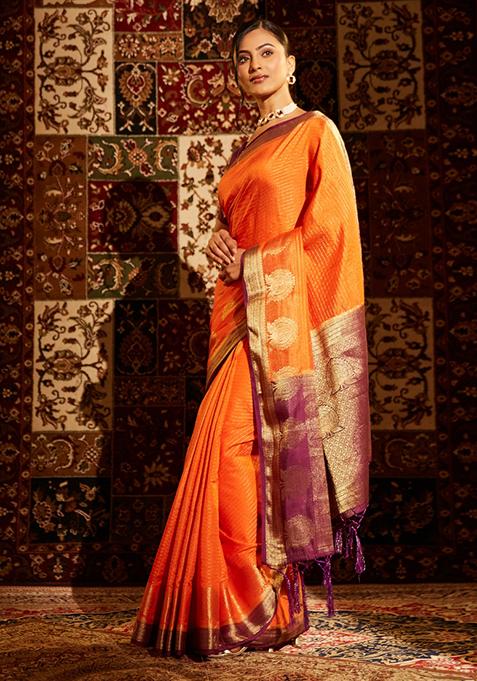 Orange Woven Silk Saree Set