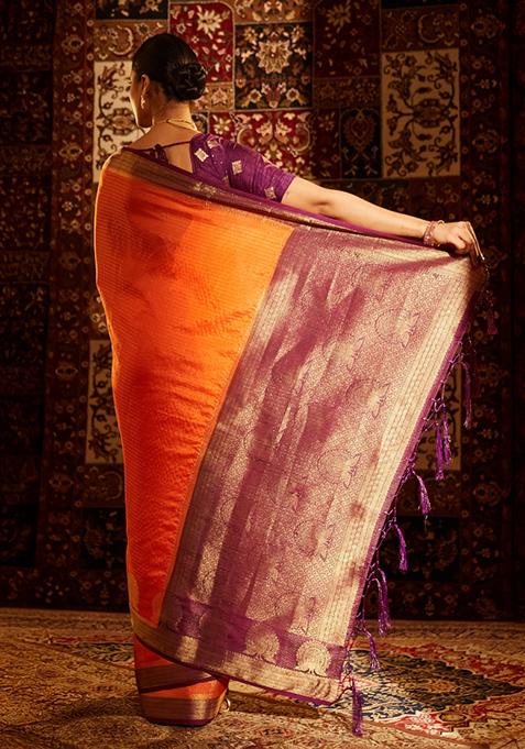 Orange Woven Silk Saree Set
