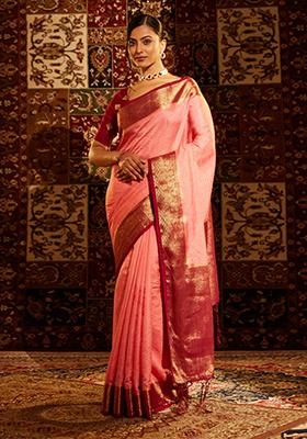 Pink Woven Silk Saree Set