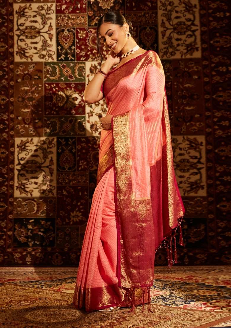Pink Woven Silk Saree Set - Indya