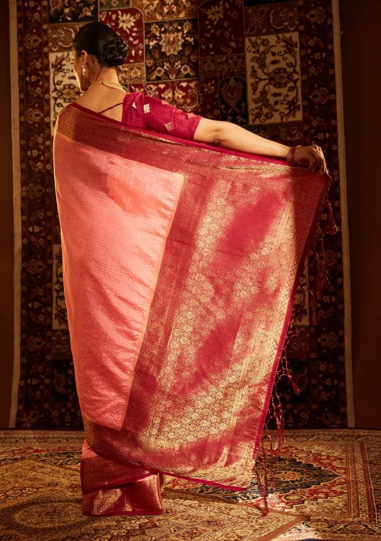 Pink Woven Silk Saree Set - Indya