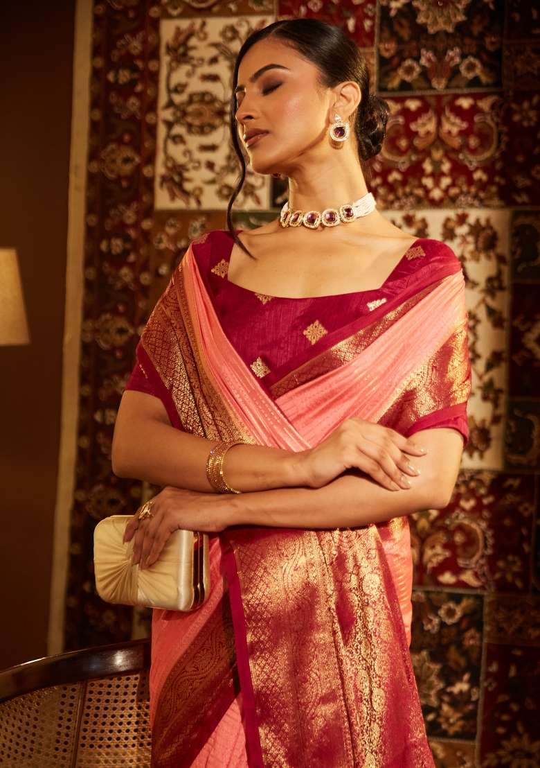 Pink Woven Silk Saree Set - Indya