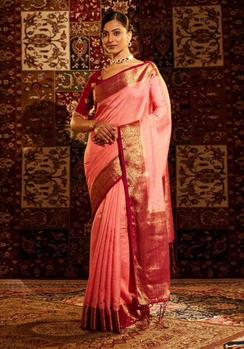 Pink Woven Silk Saree Set