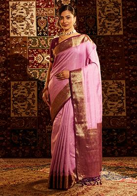 Pink Woven Silk Saree Set