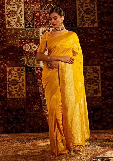 Mustard Yellow Woven Silk Saree Set
