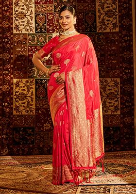 Fychsia Pink Woven Silk Saree Set