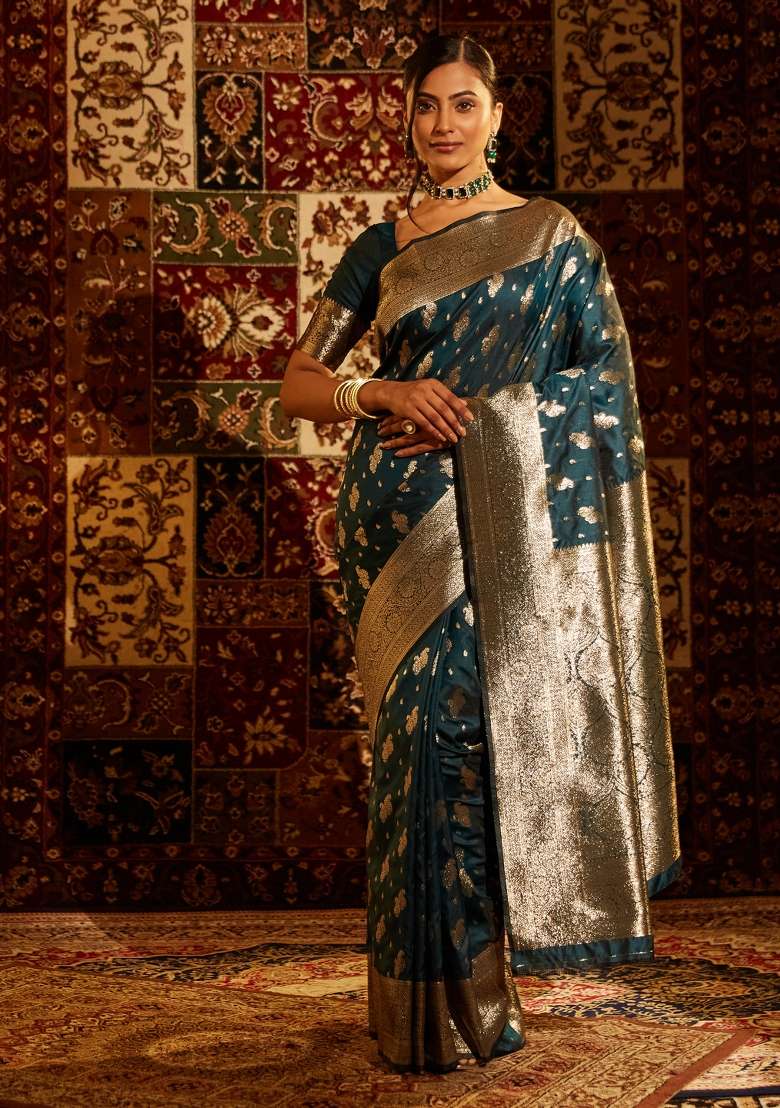 Turquoise Blue Woven Silk Saree Set - Indya
