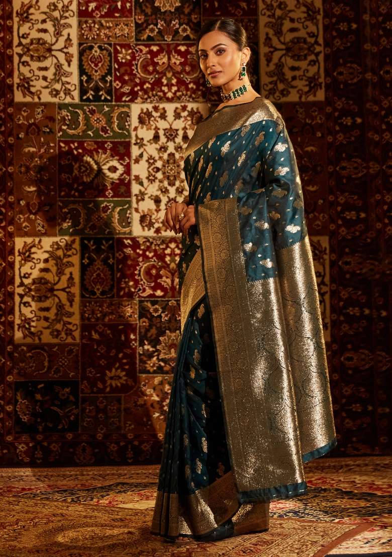 Turquoise Blue Woven Silk Saree Set - Indya