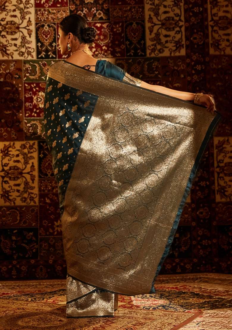 Turquoise Blue Woven Silk Saree Set - Indya