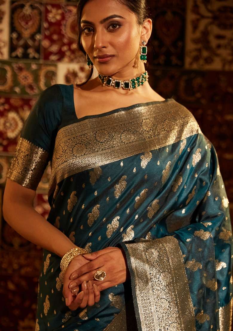 Turquoise Blue Woven Silk Saree Set - Indya