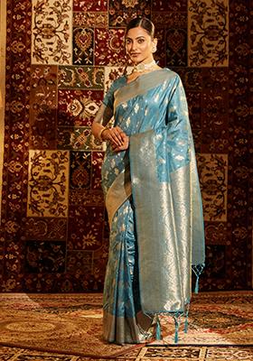 Teal Blue Woven Silk Saree Set
