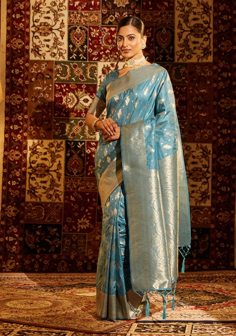 Teal Blue Woven Silk Saree Set