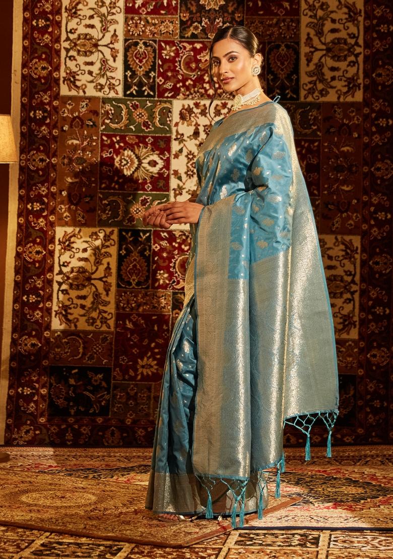 Teal Blue Woven Silk Saree Set