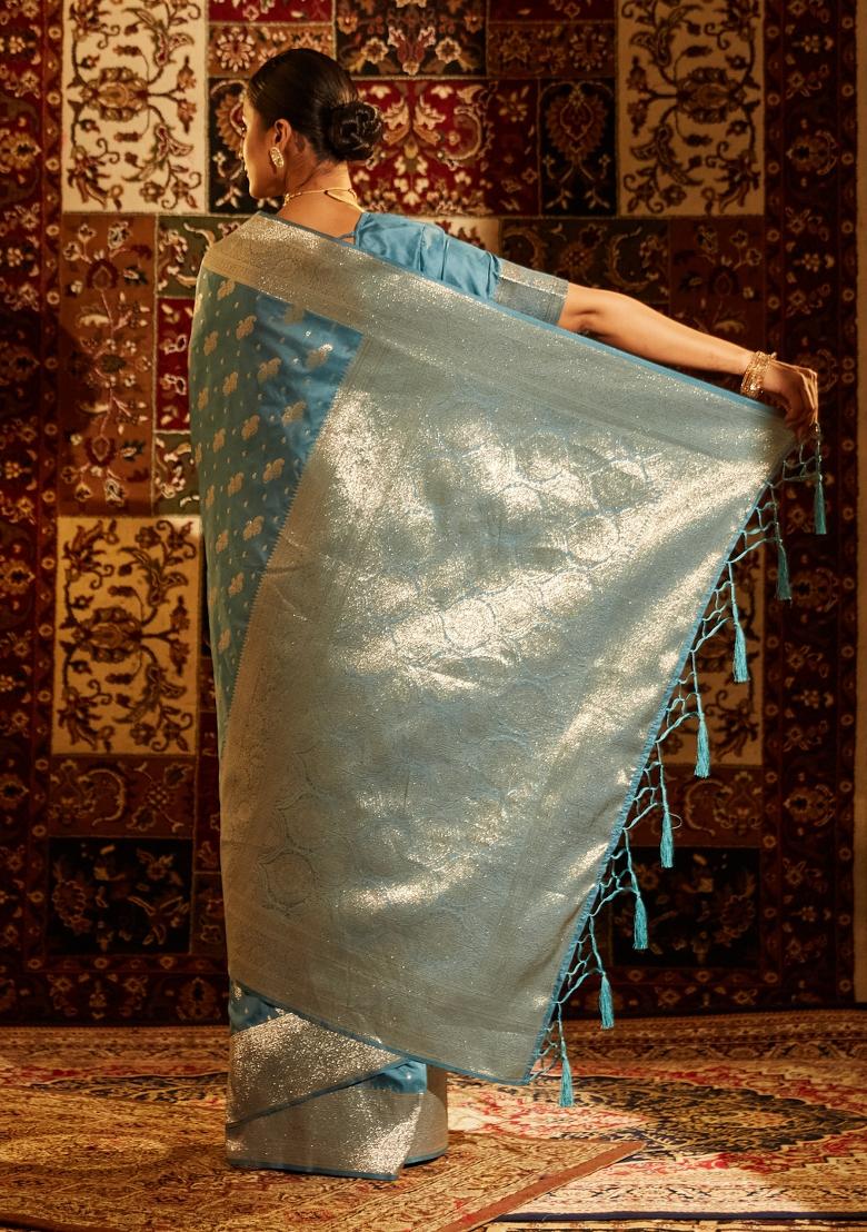 Teal Blue Woven Silk Saree Set
