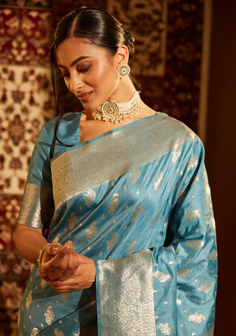 Teal Blue Woven Silk Saree Set