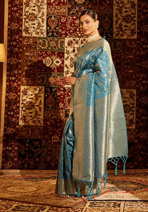 Teal Blue Woven Silk Saree Set