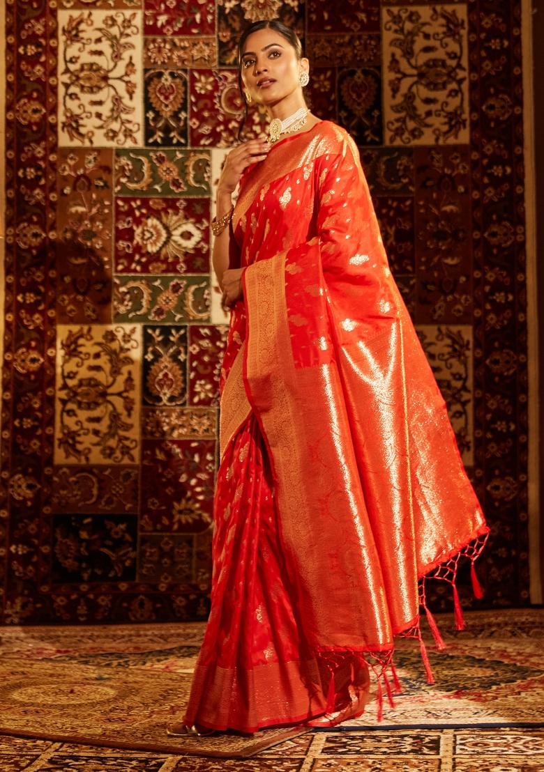 Red Woven Silk Saree Set