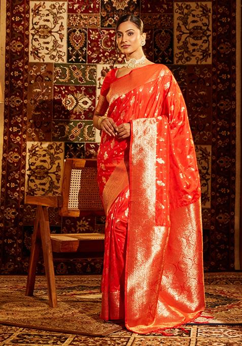 Red Woven Silk Saree Set