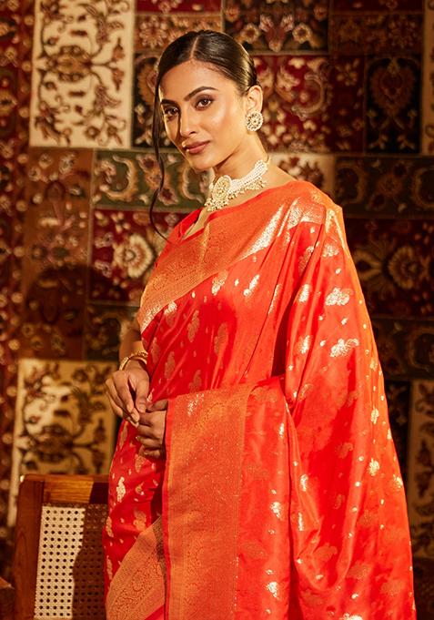 Red Woven Silk Saree Set