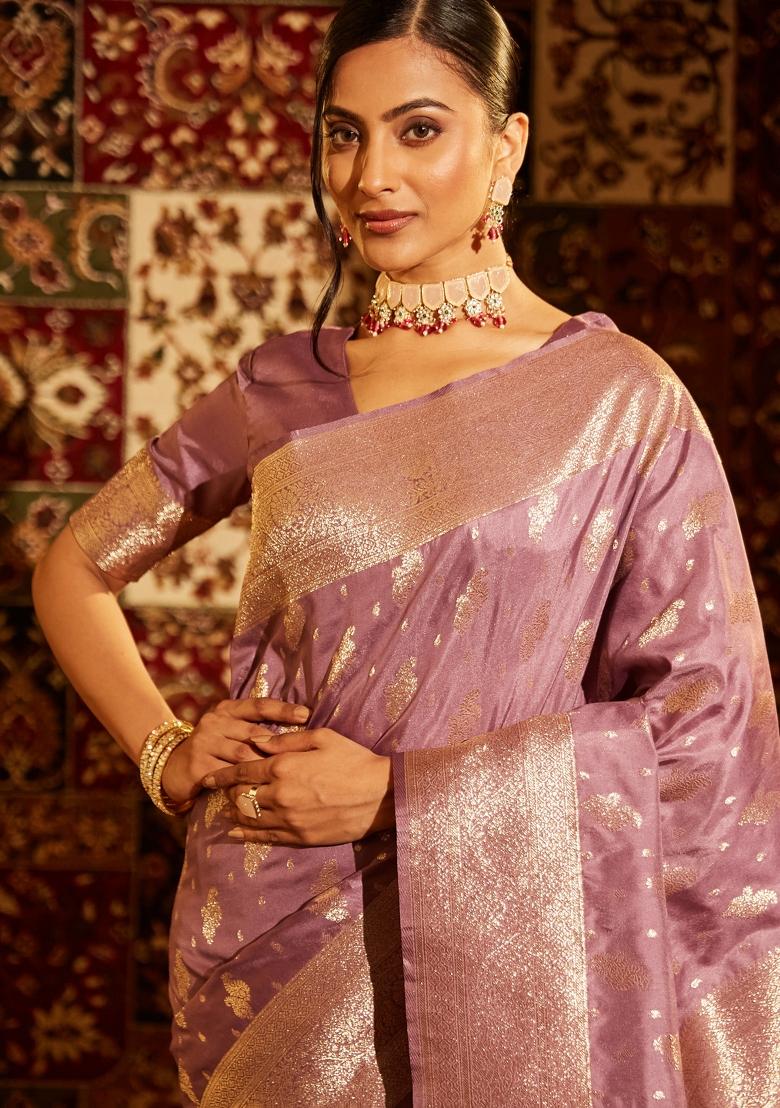 Lavender Purple Woven Silk Saree Set - Indya