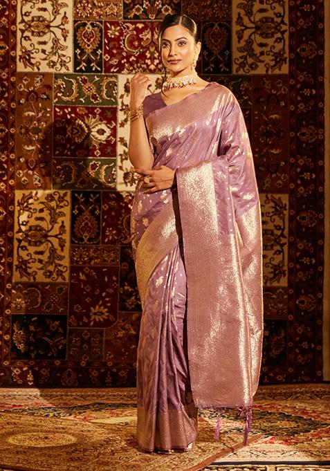 Lavender Purple Woven Silk Saree Set