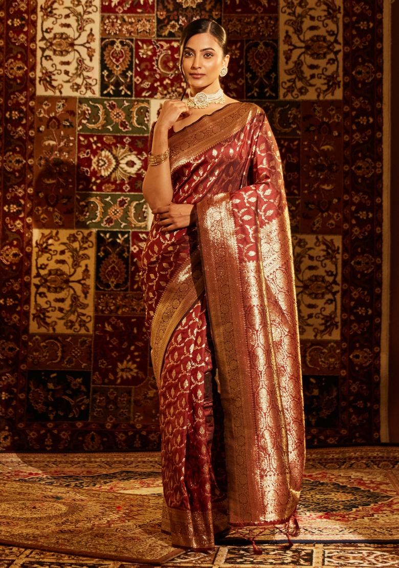 Maroon Woven Silk Saree Set