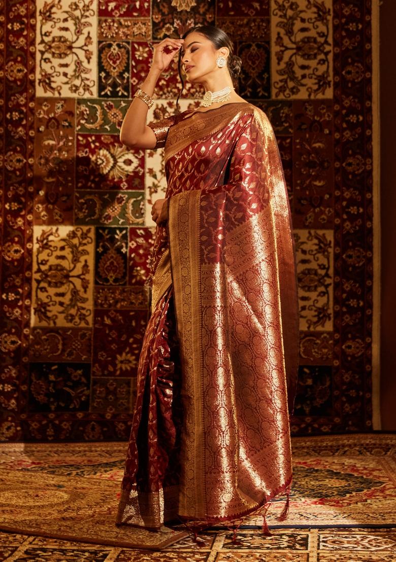 Maroon Woven Silk Saree Set