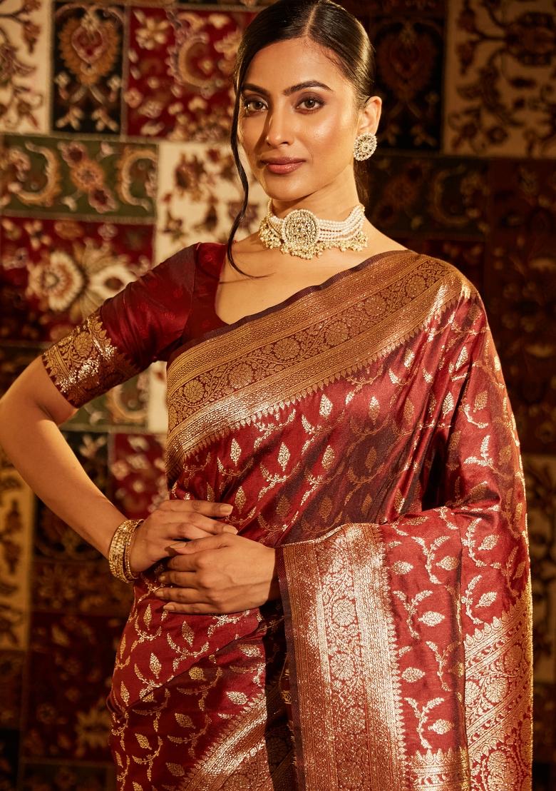 Maroon Woven Silk Saree Set
