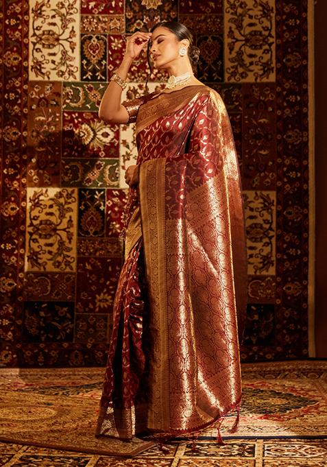 Maroon Woven Silk Saree Set