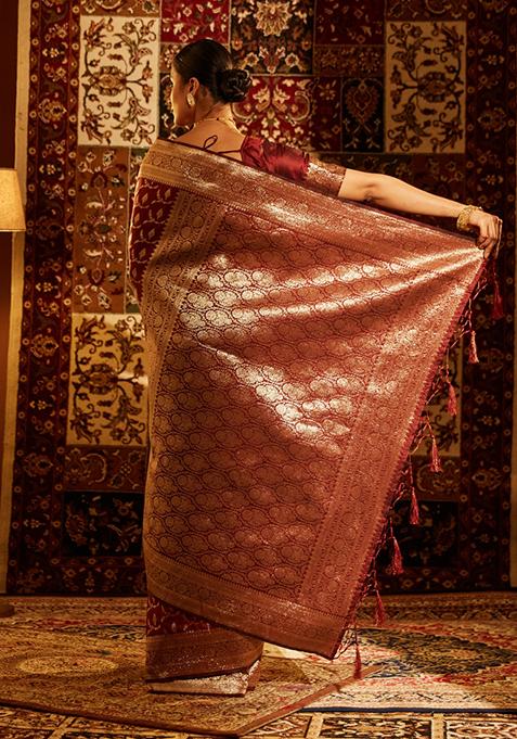Maroon Woven Silk Saree Set