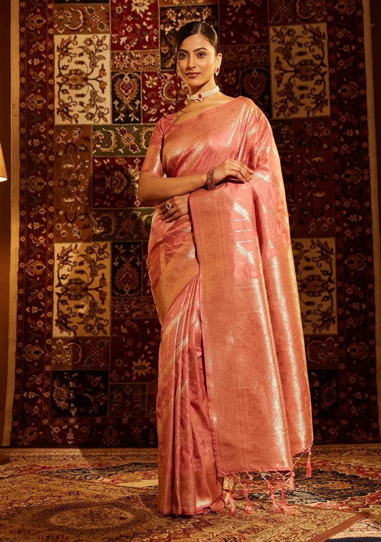 Peach Woven Silk Saree Set
