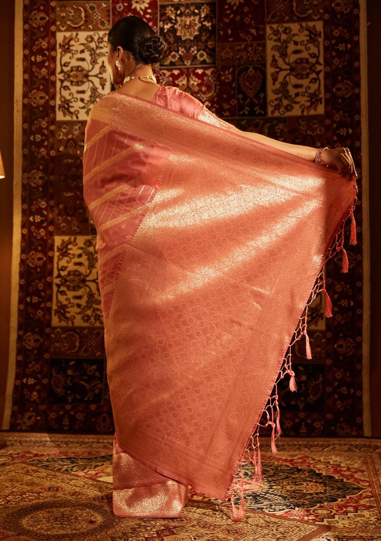 Peach Woven Silk Saree Set