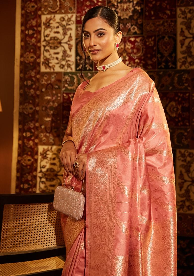 Peach Woven Silk Saree Set