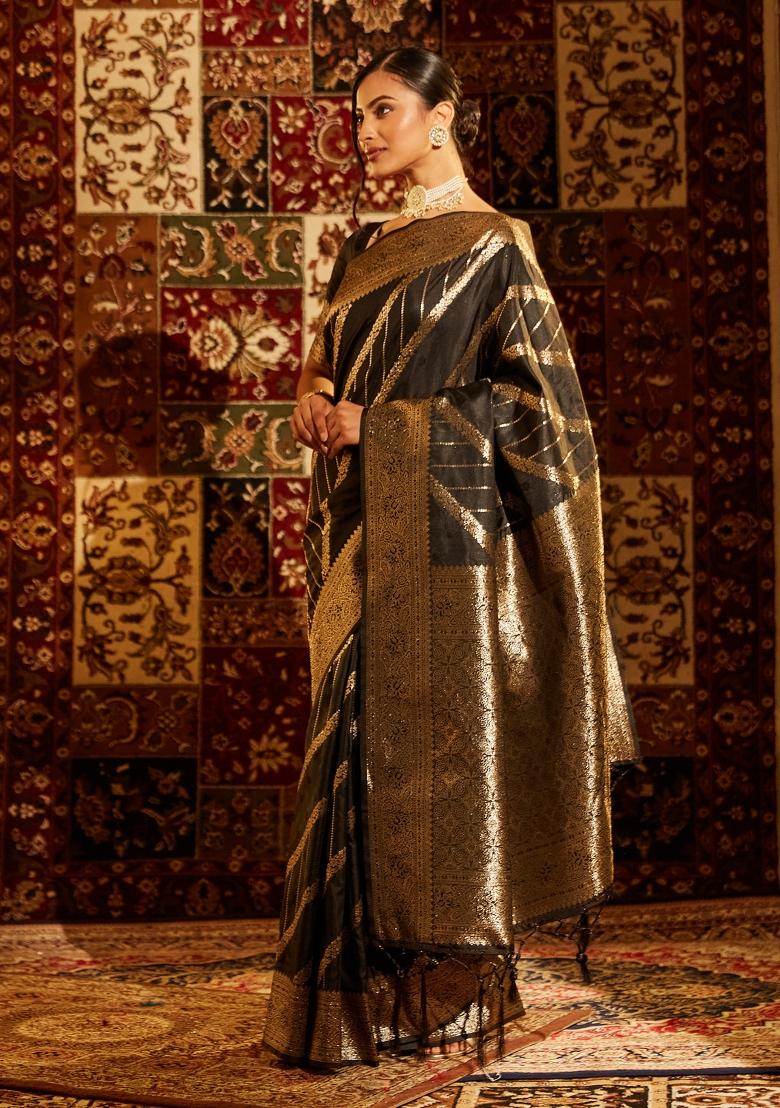 Black Woven Silk Saree Set - Indya