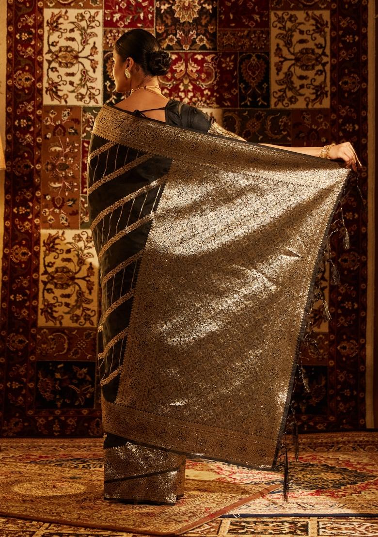 Black Woven Silk Saree Set