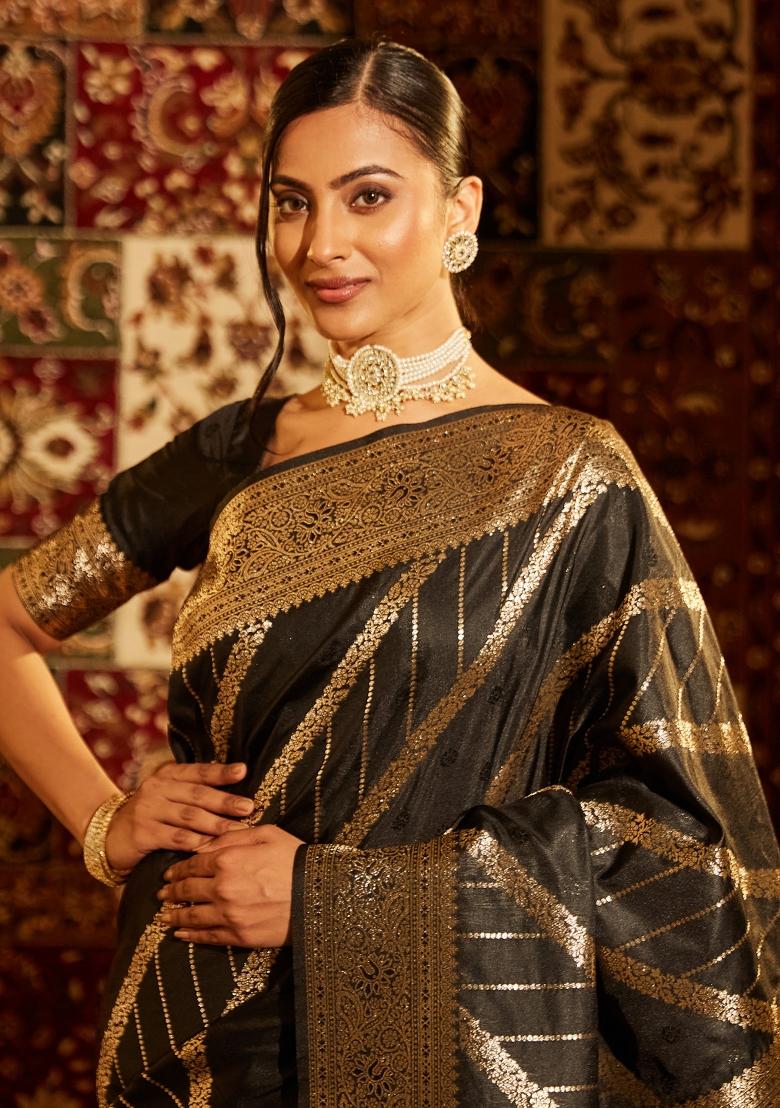 Black Woven Silk Saree Set - Indya