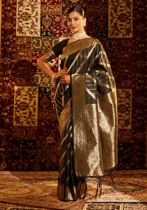 Black Woven Silk Saree Set