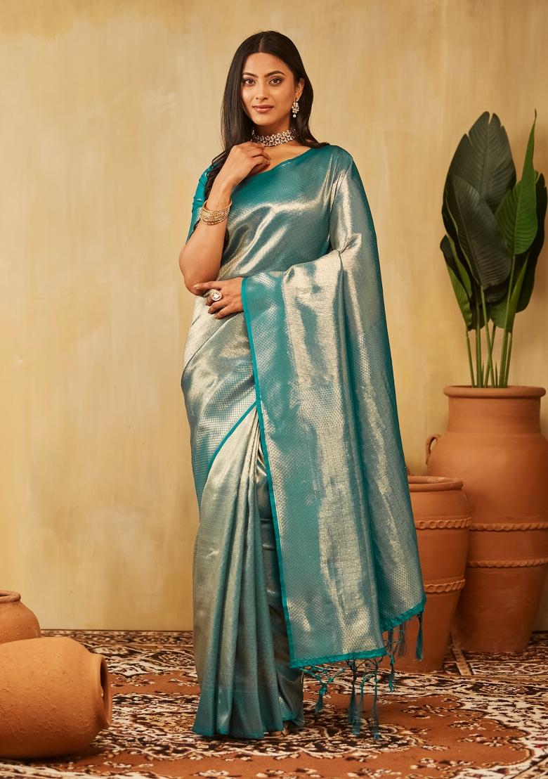 Teal Blue Woven Silk Saree Set