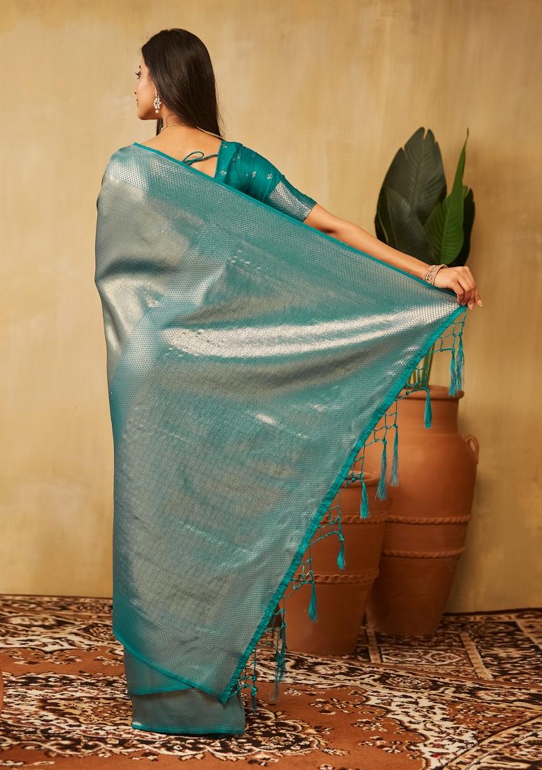 Teal Blue Woven Silk Saree Set
