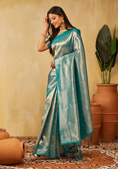 Teal Blue Woven Silk Saree Set