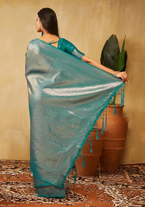 Teal Blue Woven Silk Saree Set